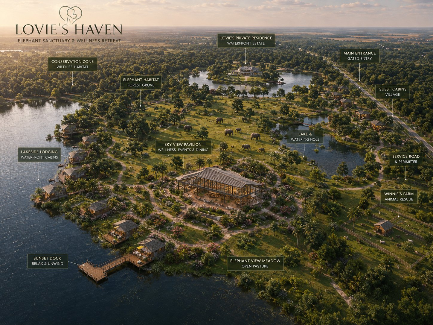 Aerial concept render of the Lovie&rsquo;s Haven estate: the glass Sky View Pavilion at the centre facing the Elephant View Meadow and watering hole, elephants grazing free, Lakeside Lodging and the Sunset Dock on the west shore, the Guest Cabins village and gated Main Entrance on the east, Winnie&rsquo;s Farm inside the perimeter service road, and Lovie&rsquo;s Private Residence on the north lake.